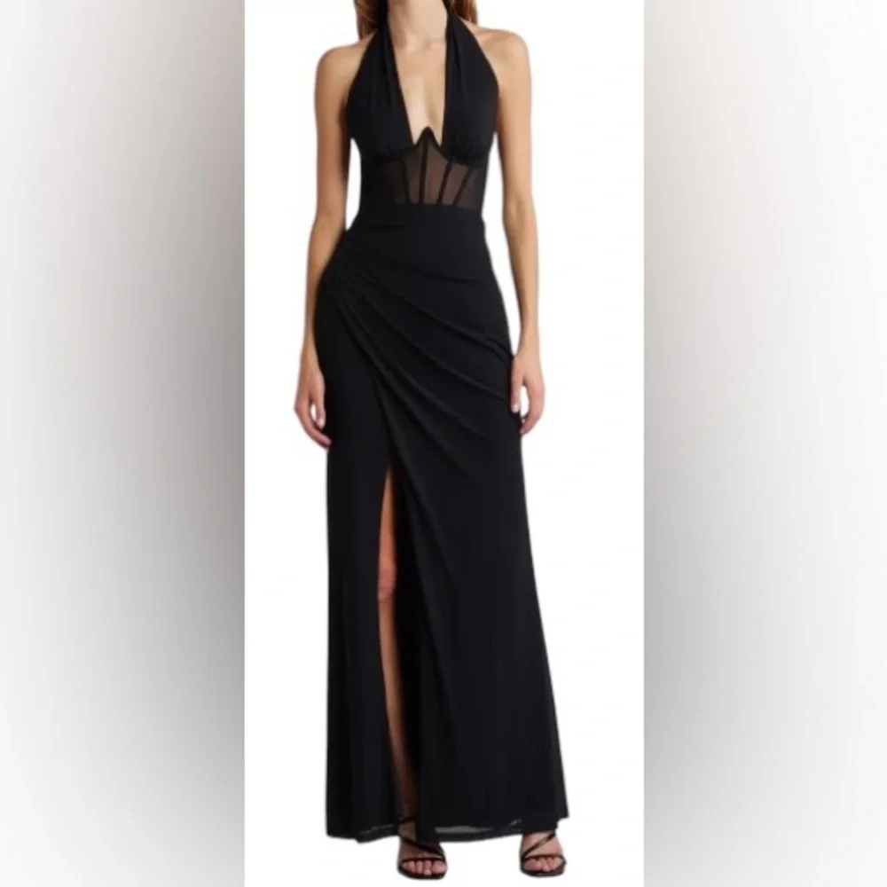 Never-Ending Glamour Black Mesh Cross-Front Halter Maxi Dress Size XS NWOT - Picture 8 of 13